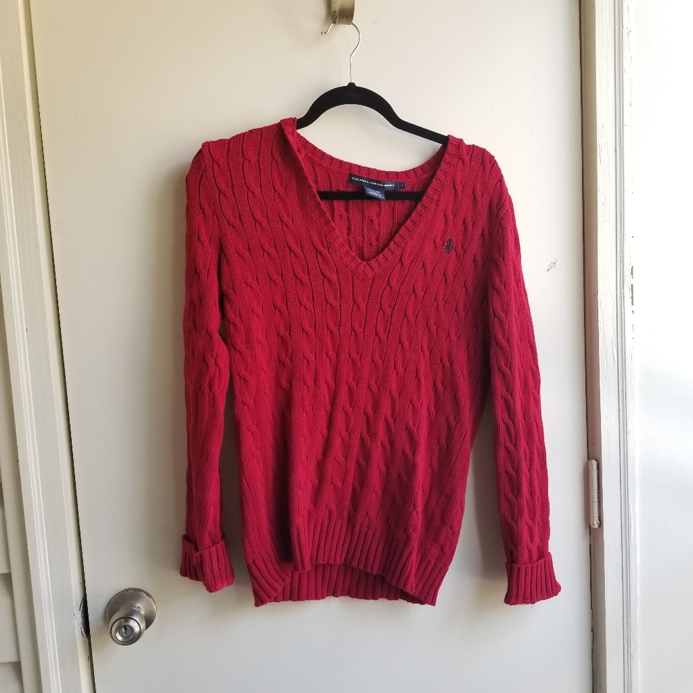 Ralph Lauren Large Red Cableknit V-neck Sweater